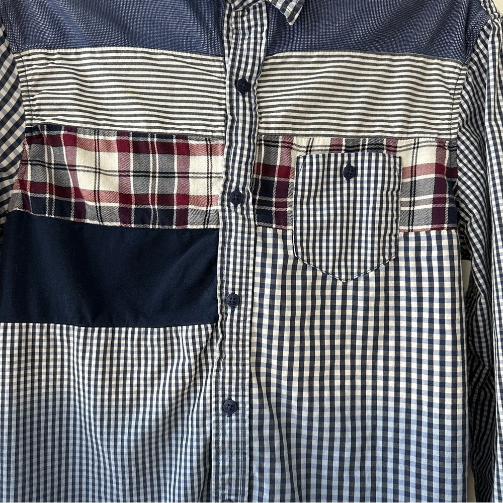 Desigual Men's Multicolor Patchwork Striped Gingham Button Down Shirt, Size M - Picture 2 of 10